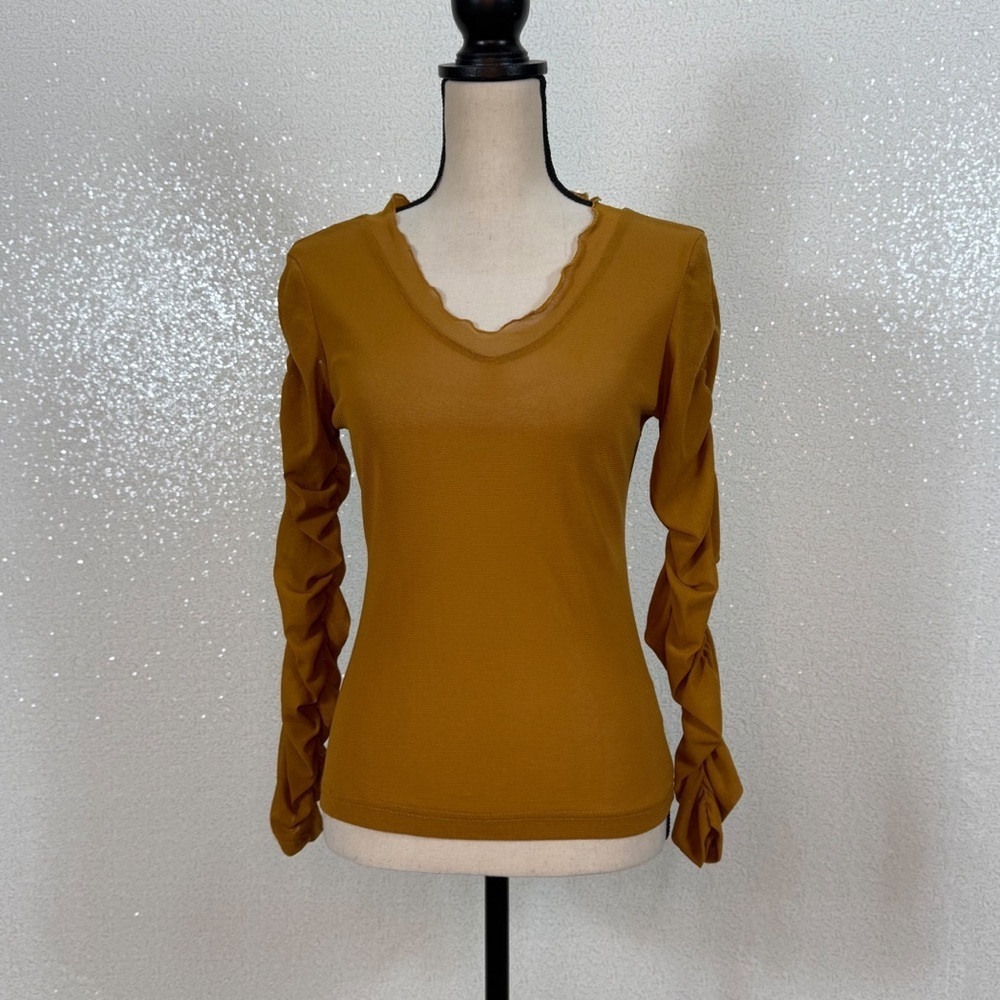 BRACHA Mustard Sheer Mesh Ruched Long Sleeve Top Women’s Medium Stretch V Neck - Picture 10 of 11